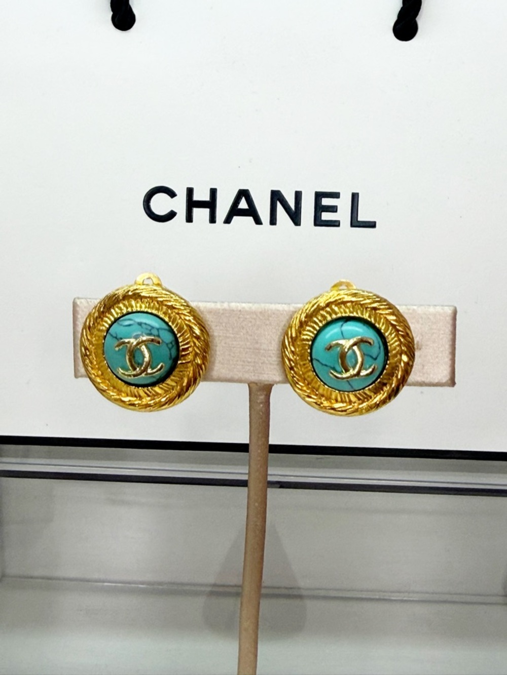 CHANEL Gold and Turquoise Round CC Button Earrings
